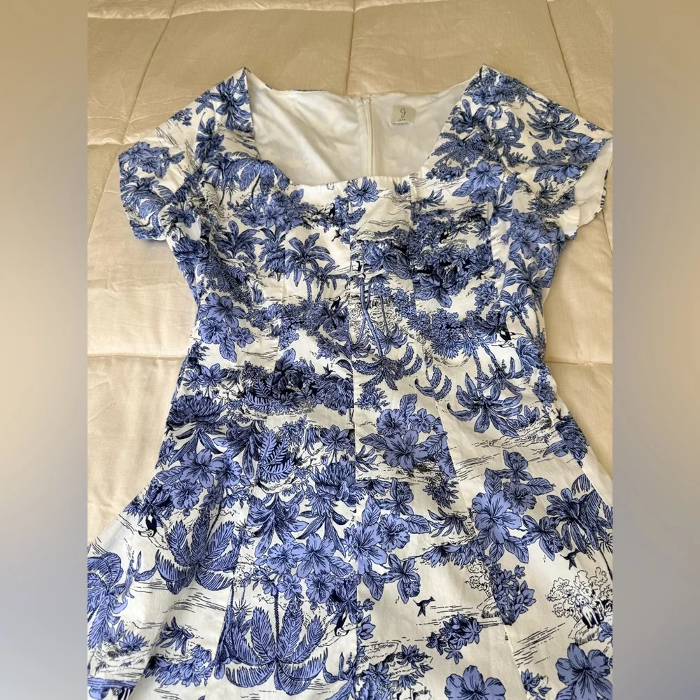 Joie Blue and White Toile print preppy midi dress Cottagecore zip back XL EUC - Picture 16 of 17